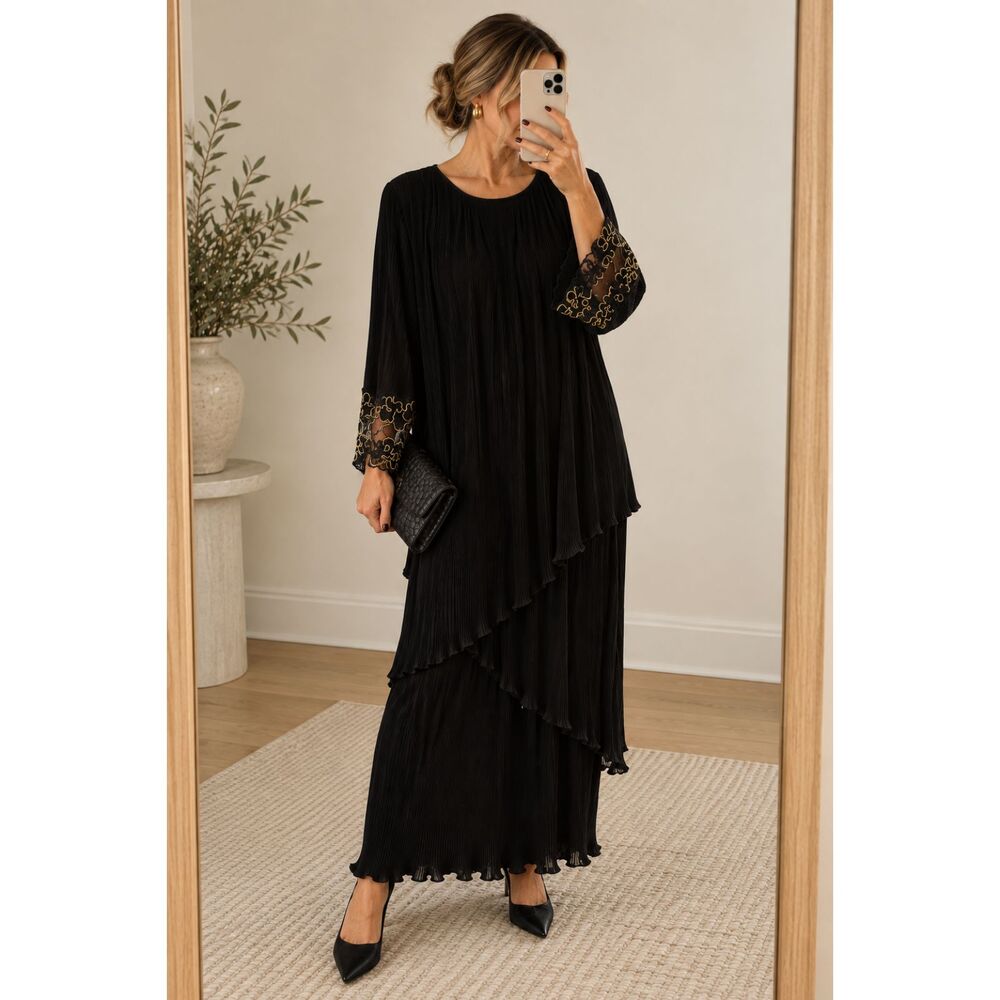 Vintage Virginie Made in France Black Pleated Evening Dress Gold Lace